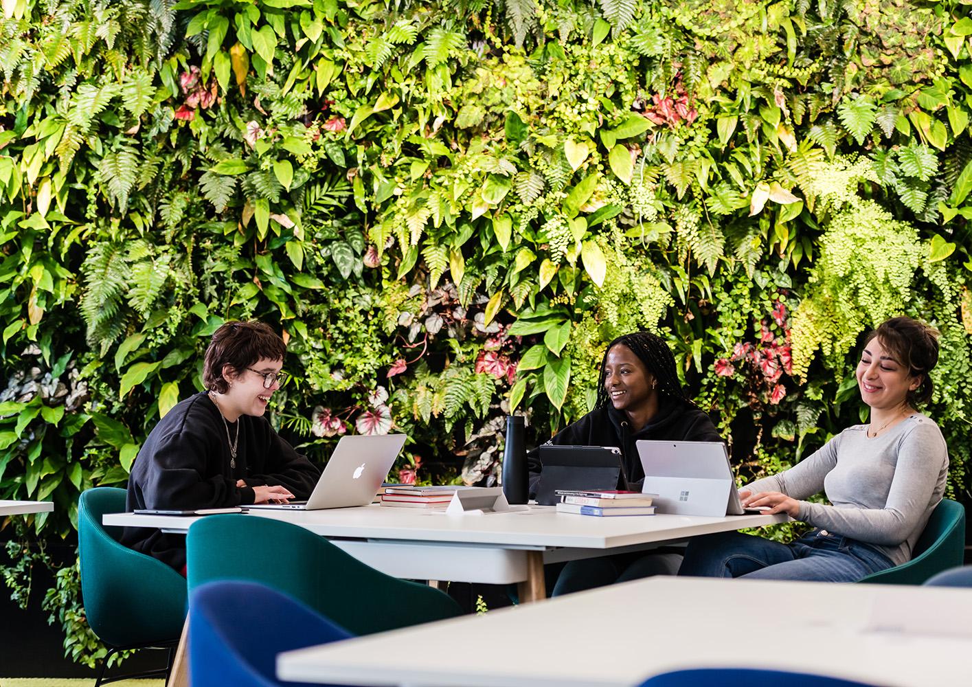 Lancaster University students sitting at a table with their laptops working together with behind them a green living wall with lush plants.